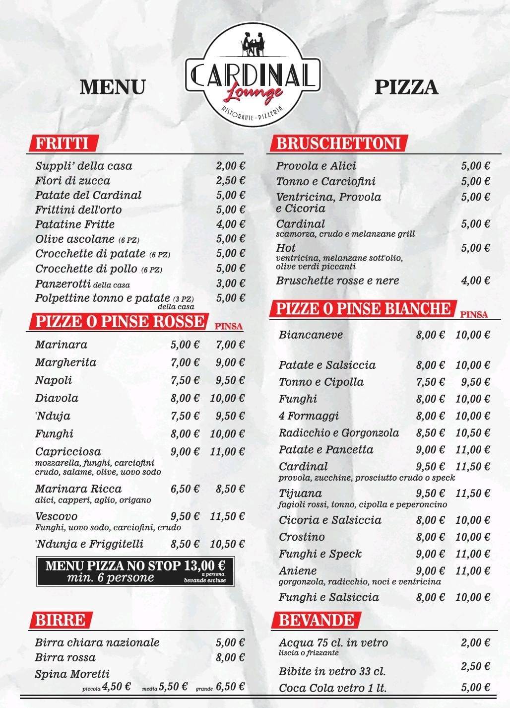 Menu di Cardinal Lounge Risto-Pizza 