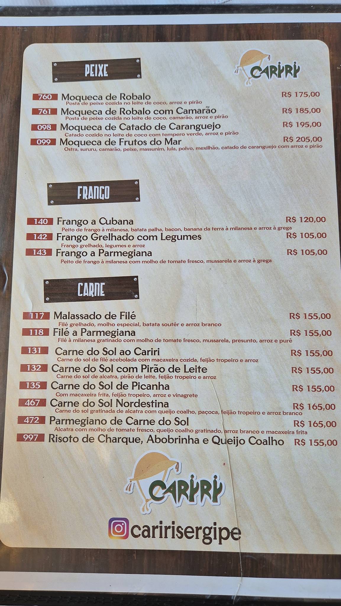 Cariri cardápio