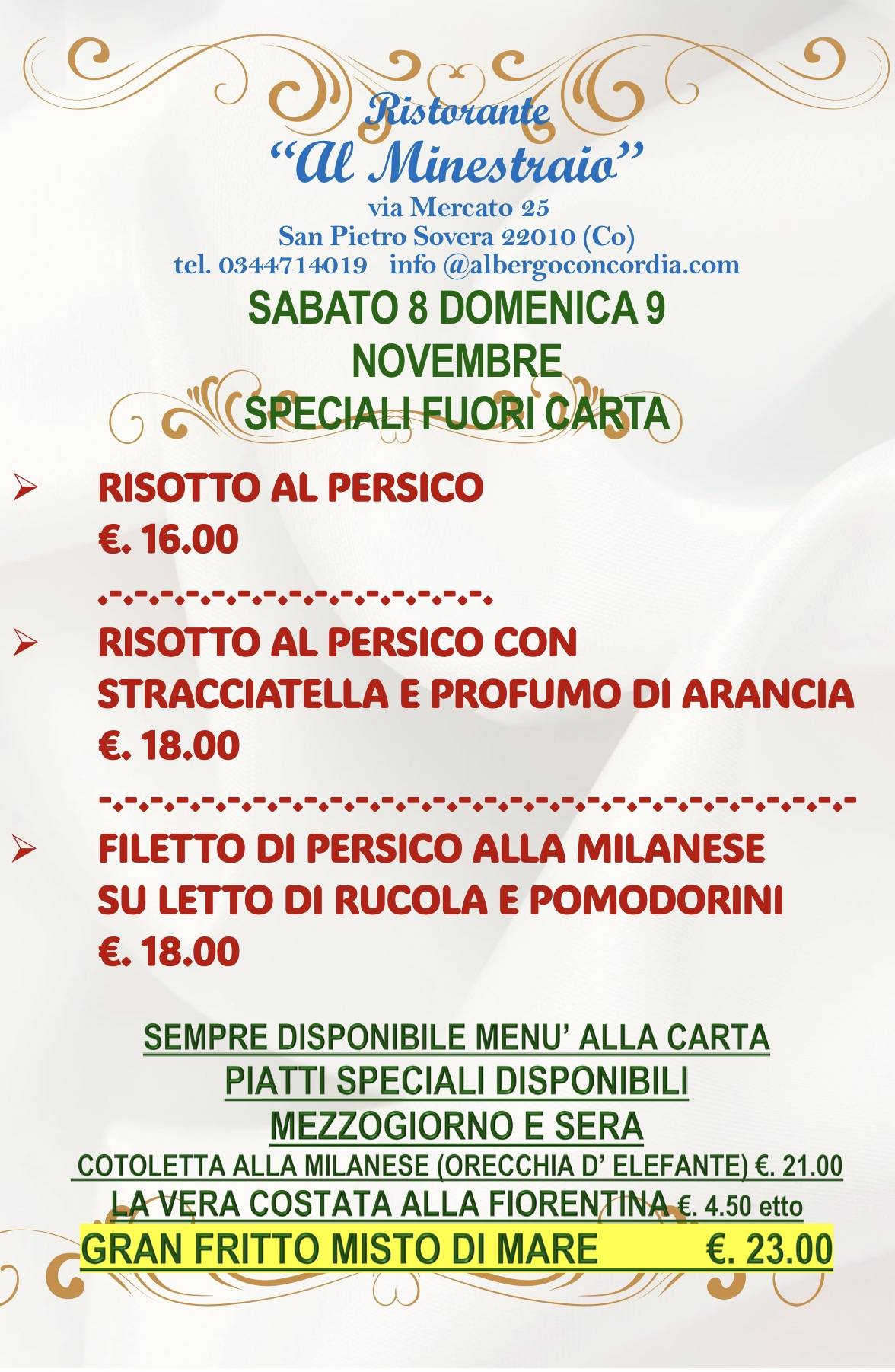 Menu di Albergo Concordia - Bar Ristorante AL MINESTRAIO 