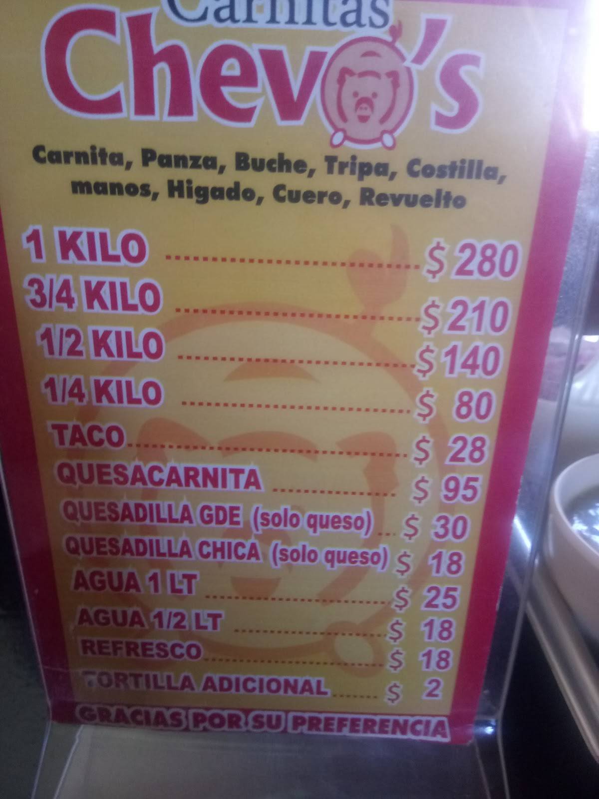 Carta del restaurante Carnitas Chevo's, Culiacán Rosales