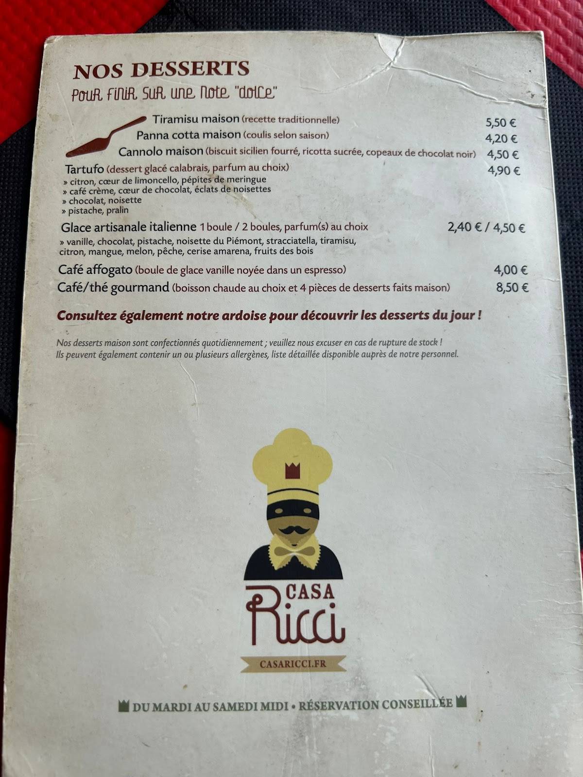 Menu de Casa Ricci