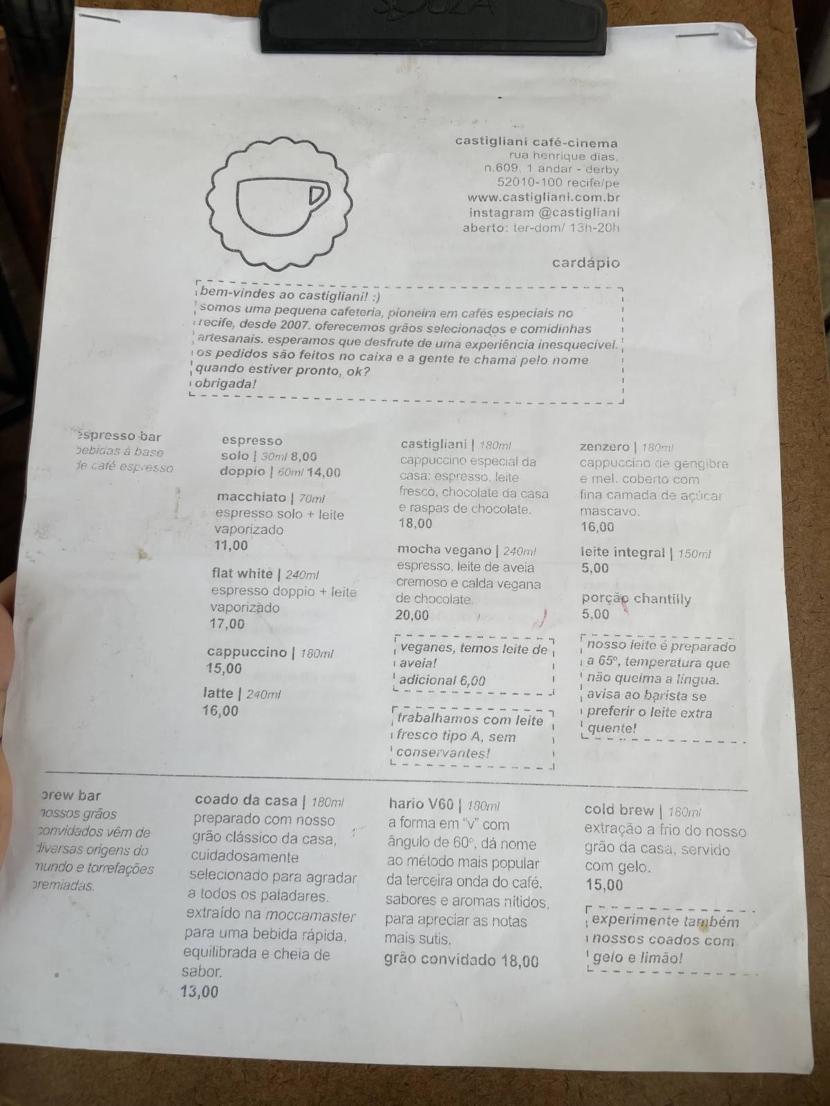 Castigliani Café-Fundação cardápio