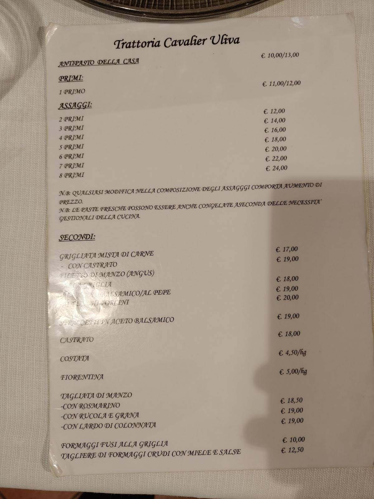 Menu di Cavalier Uliva 