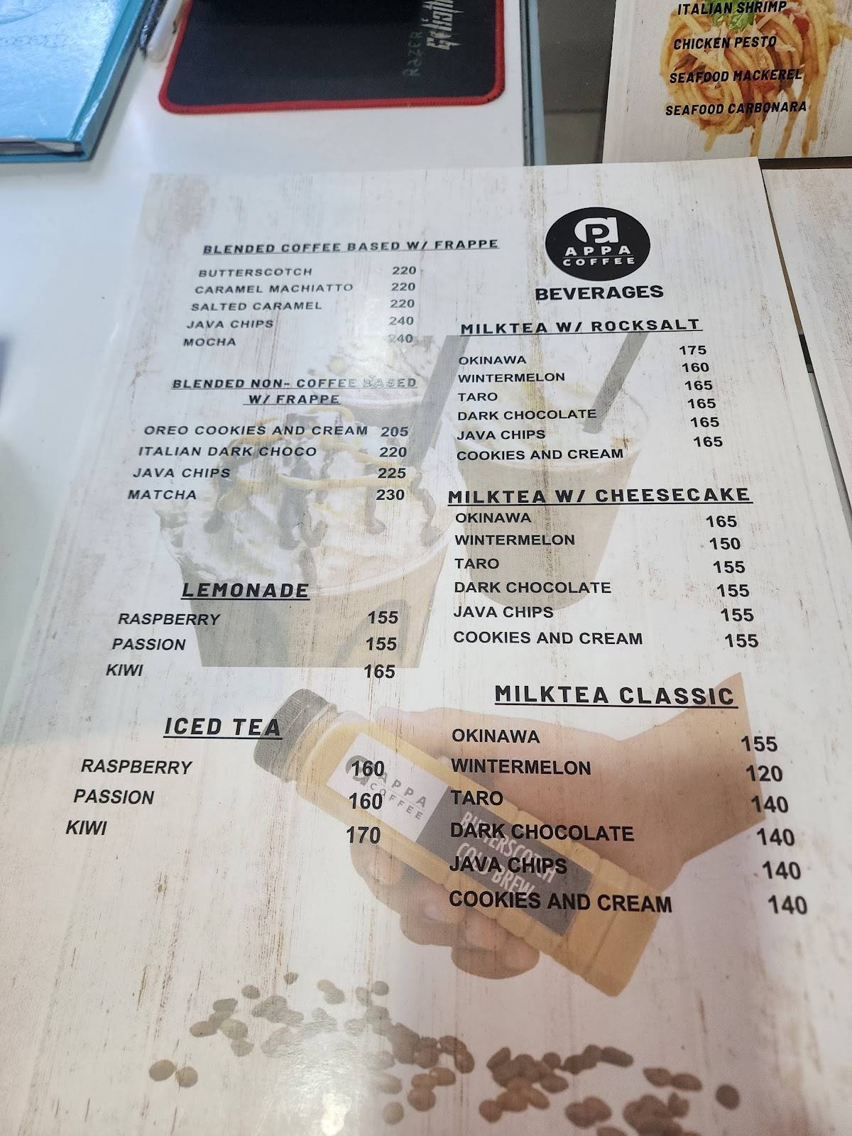 Menu at Appa Coffee cafe, Cebu City
