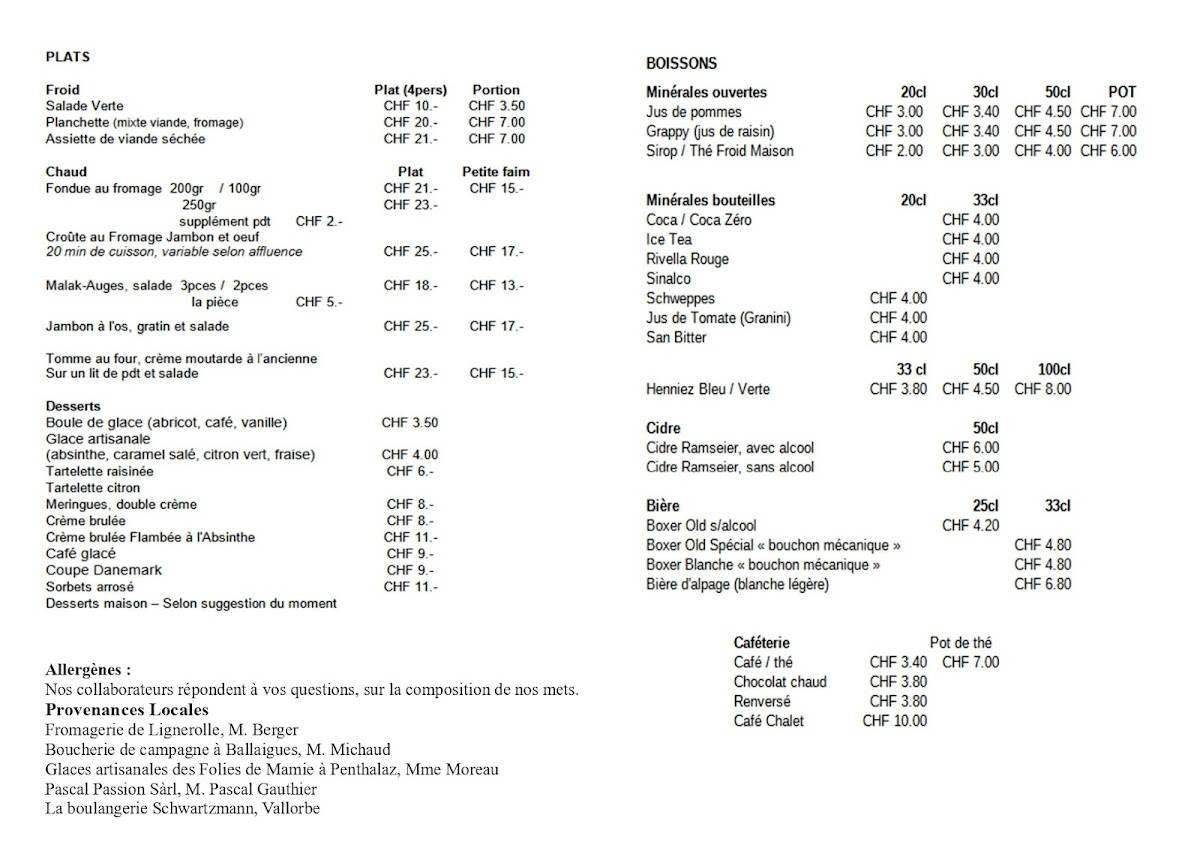 Menu di Chalet des Auges 