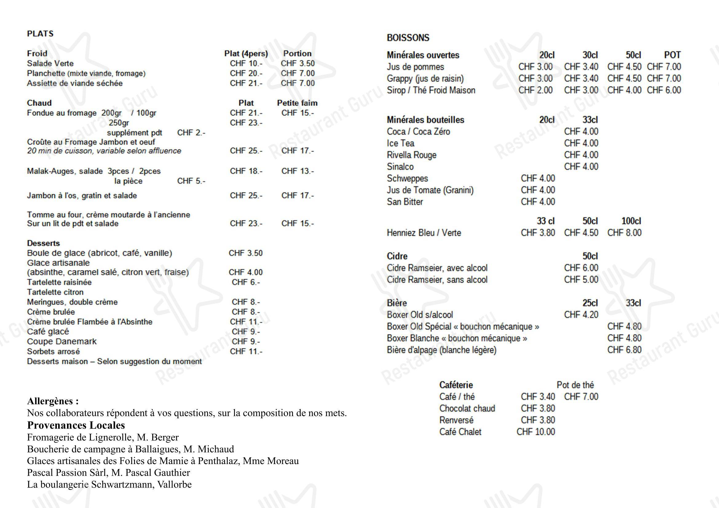 Menu per Chalet des Auges ristorante