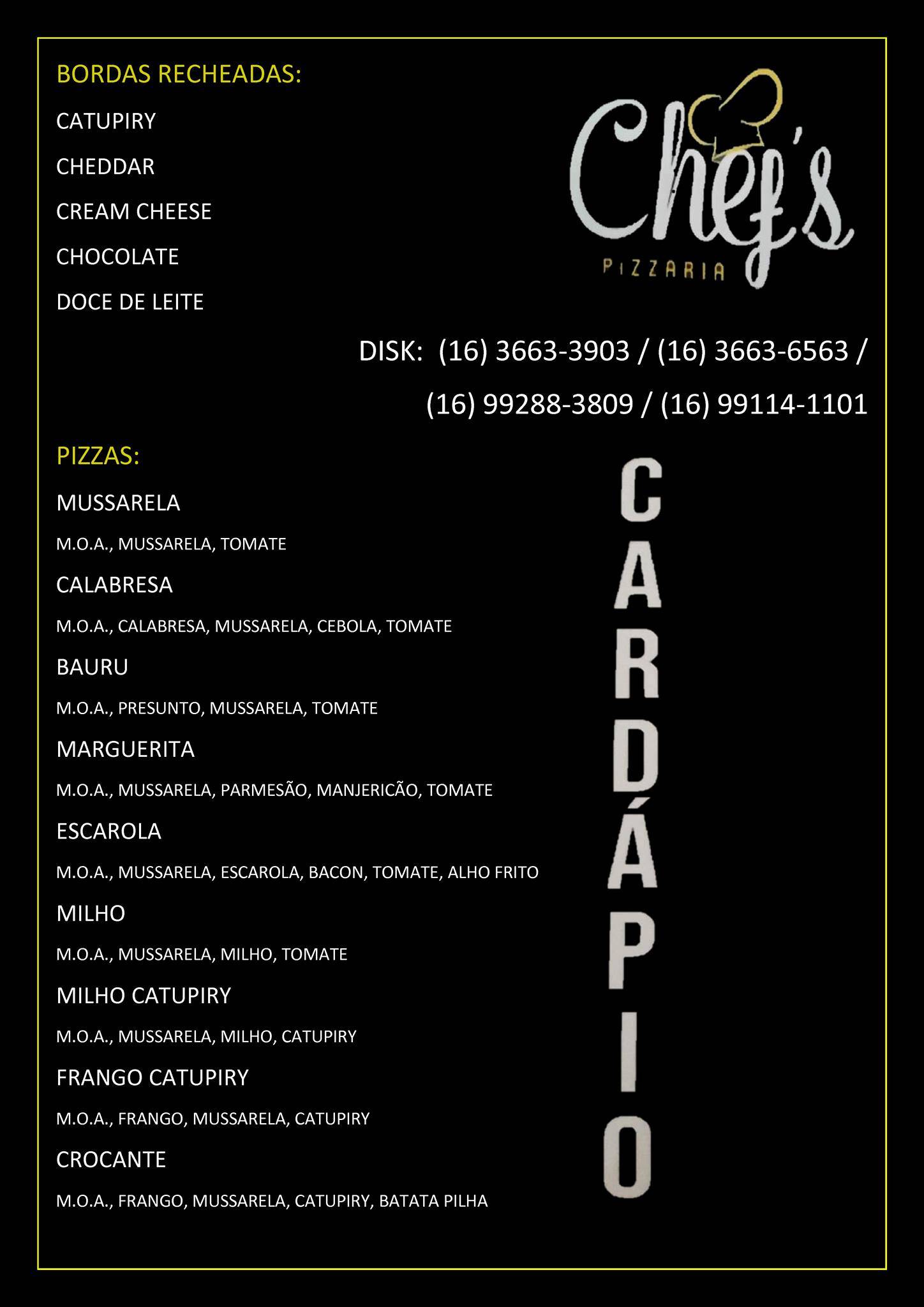 Chefs pizzaria cardápio