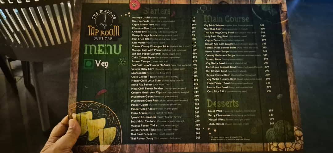 The Madras Taproom menu