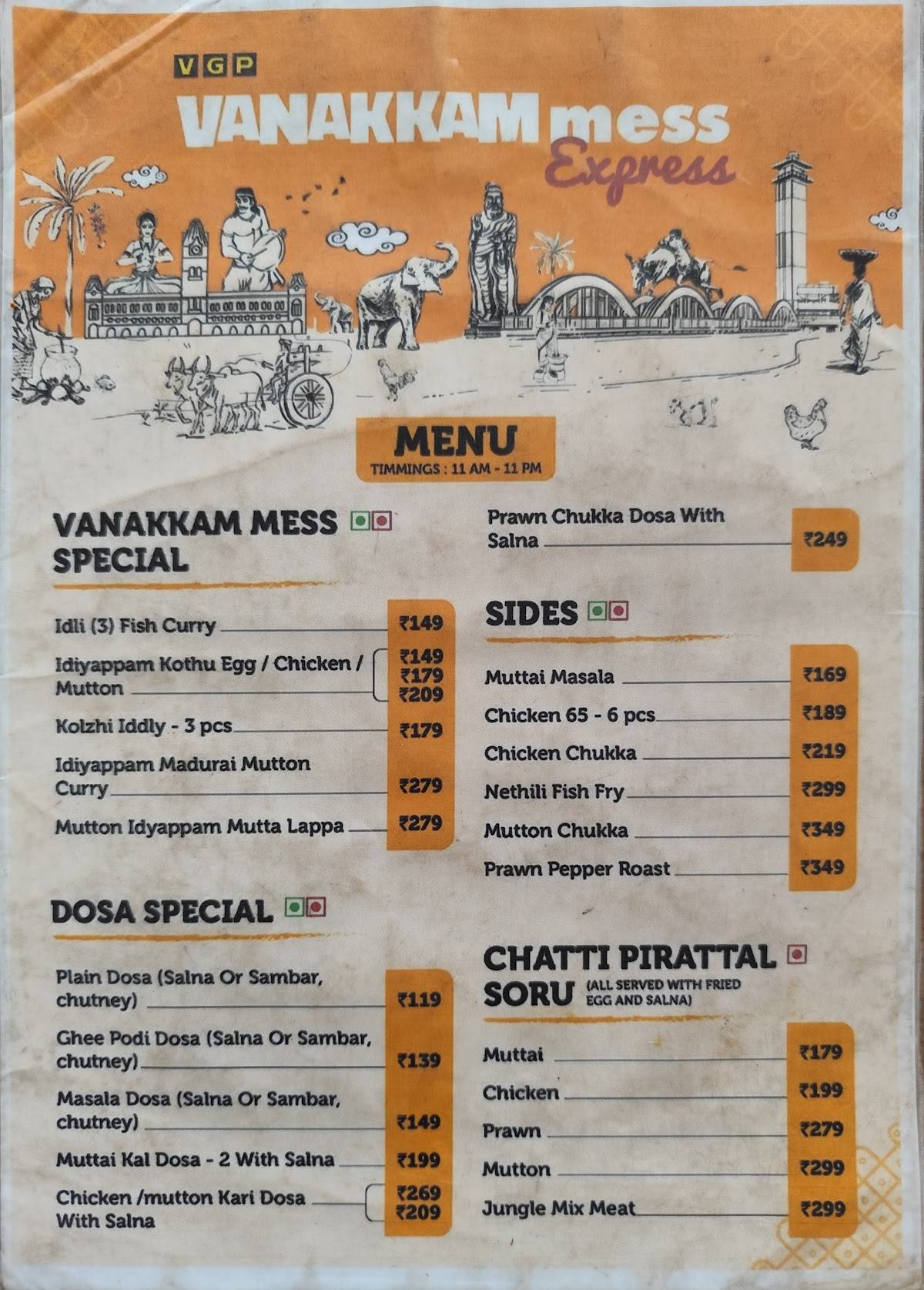 VGP Vanakkam Cafe menu