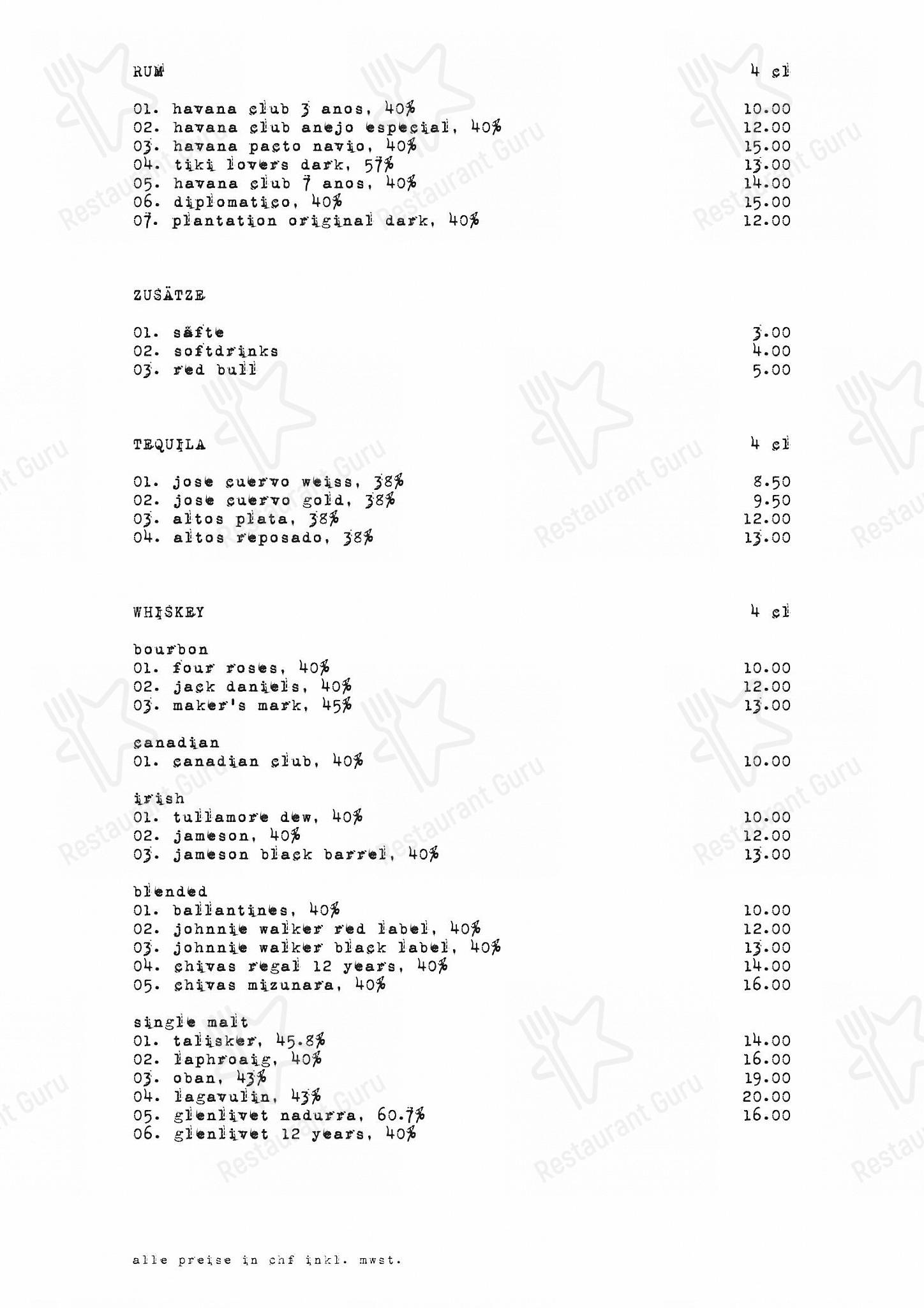Cheyenne dans Zürich - Dinner Menu