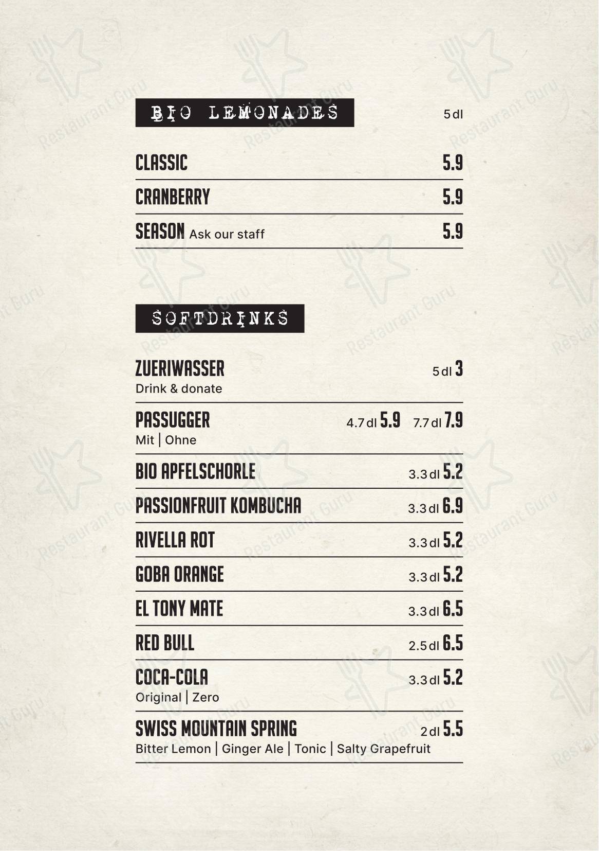 Основное меню pour Cheyenne pub et bar