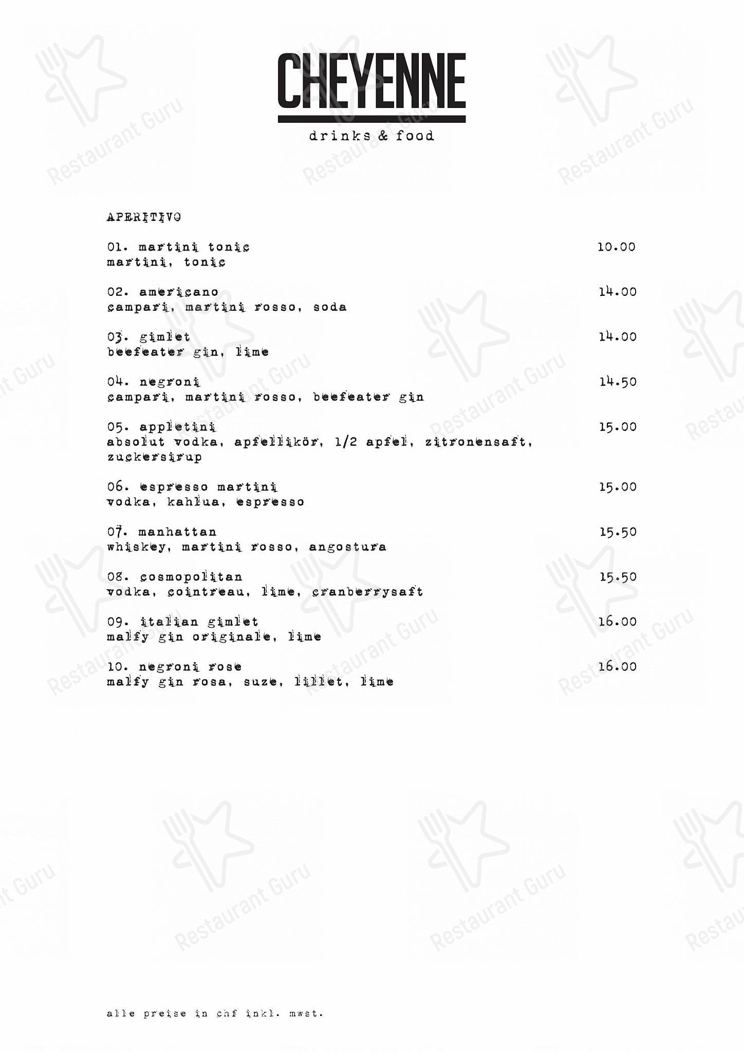 Dinner Menu pour Cheyenne pub et bar