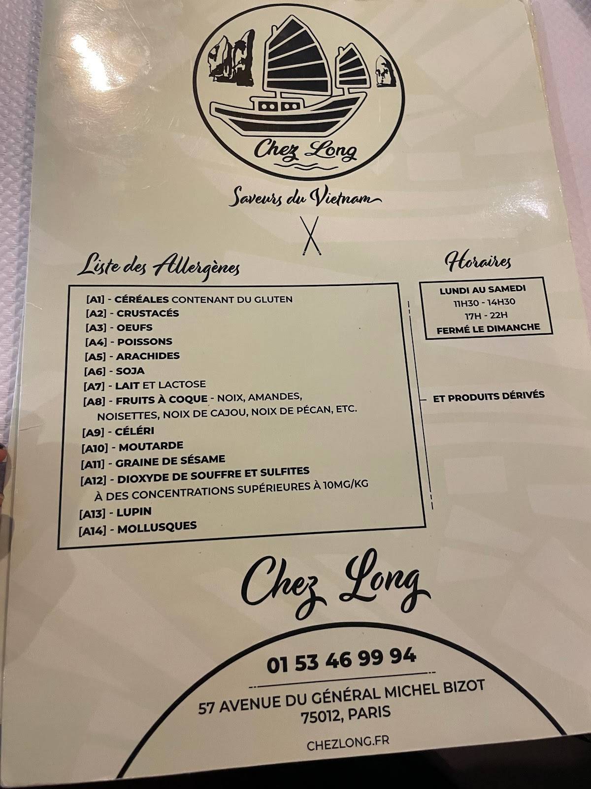 Menu de Chez Long, cuisine vietnamienne