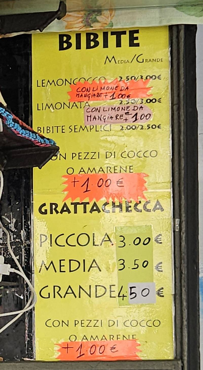 Menu de Chiosco Testaccio (grattachecca)