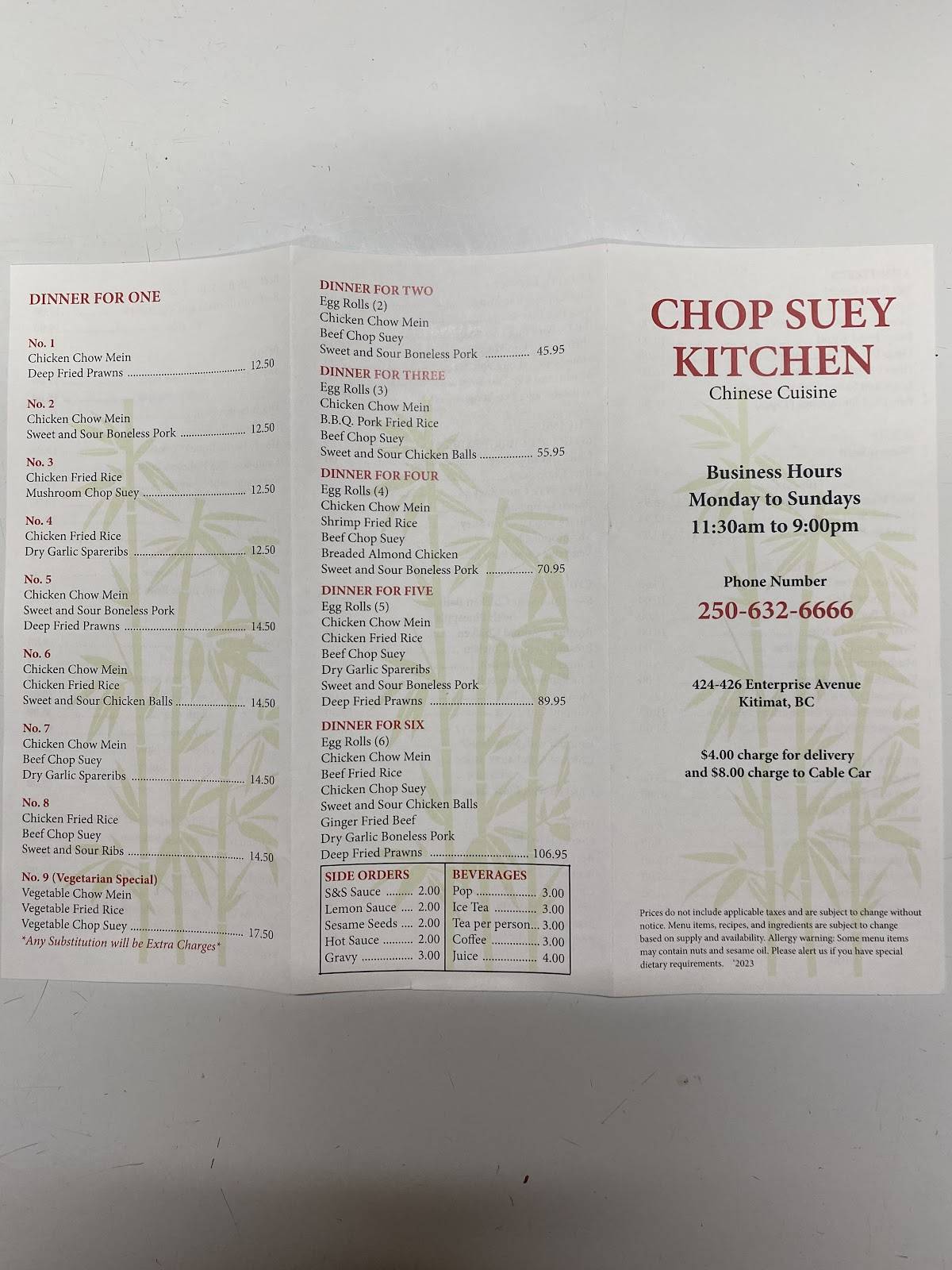 Menu at Chop Suey Kitchen restaurant, Kitimat