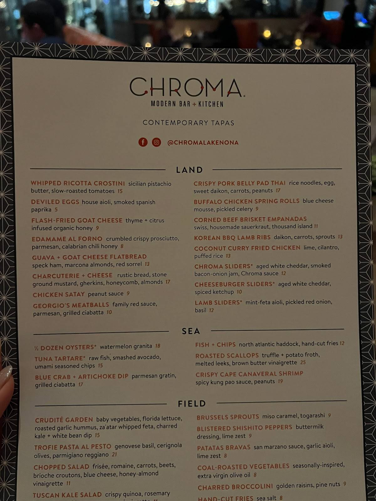 Menu at Chroma Modern Bar + Kitchen, Orlando, Lake Nona Blvd