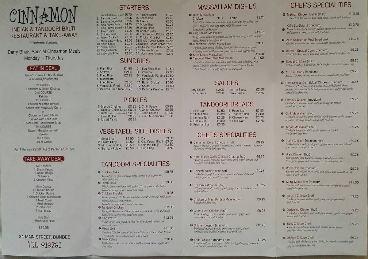 Menu at Cinnamon Indian Restaurant, Dundee