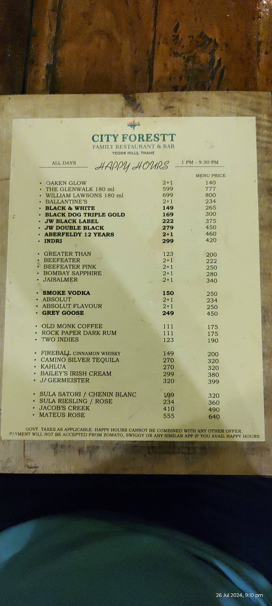 City Forestt Family Restaurant & Bar menu