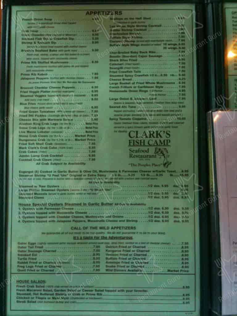 Menu at Clark's Fish Camp Seafood Restaurant, Jacksonville