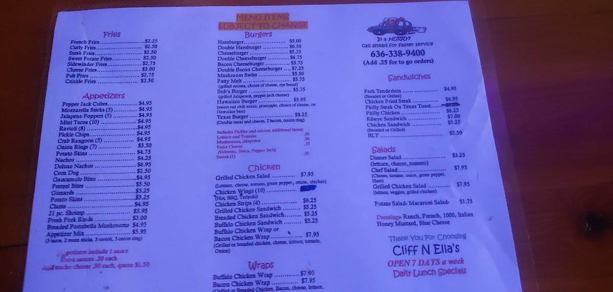 Menu at Cliff N Ella's pub & bar, Hawk Point