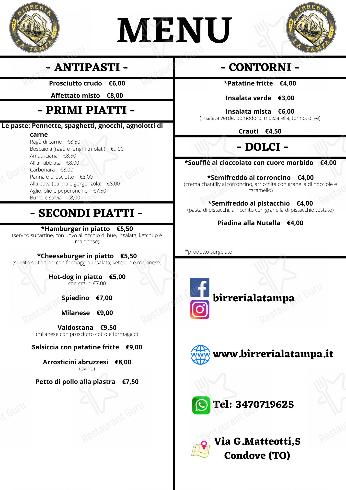 Menu di Birreria La Tampa 