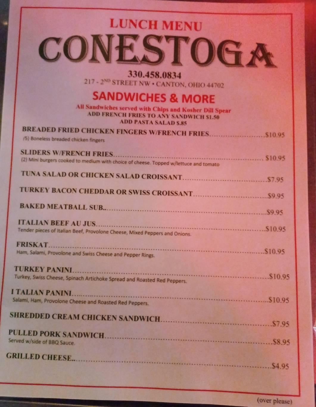 Menu at Conestoga Grill pub & bar, Canton