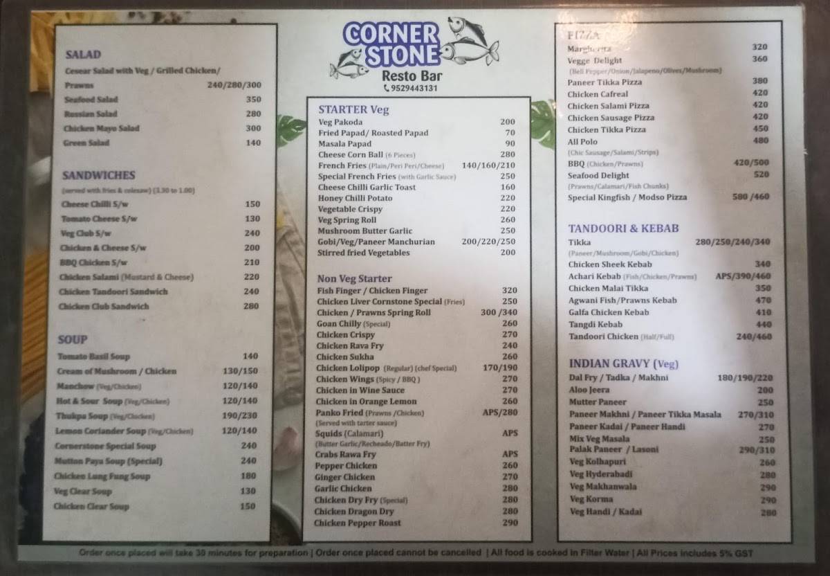 Cornerstone Restaurant Sangolda menu