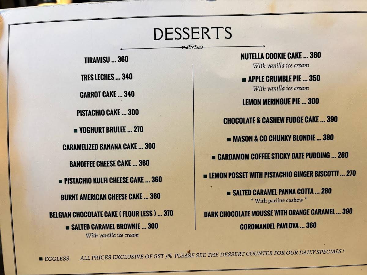 Coromandel Cafe menu