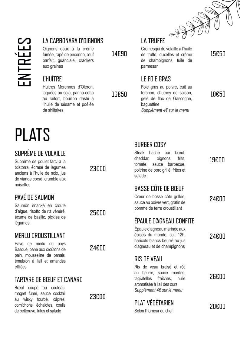 Menu de Cosy Restaurant