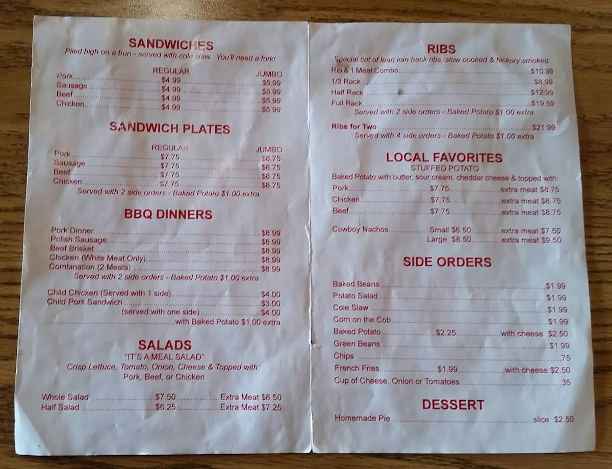 Menu at Cowboy's Barbecue, Batesville