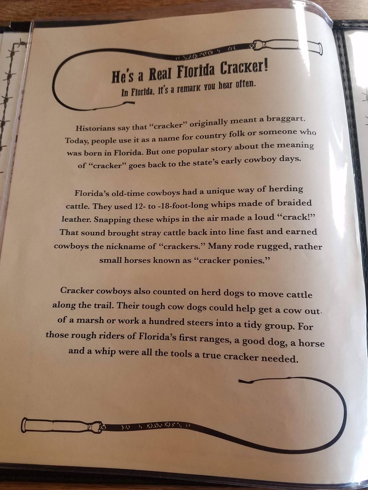 Menu at Cracker's Cafe, Indiantown