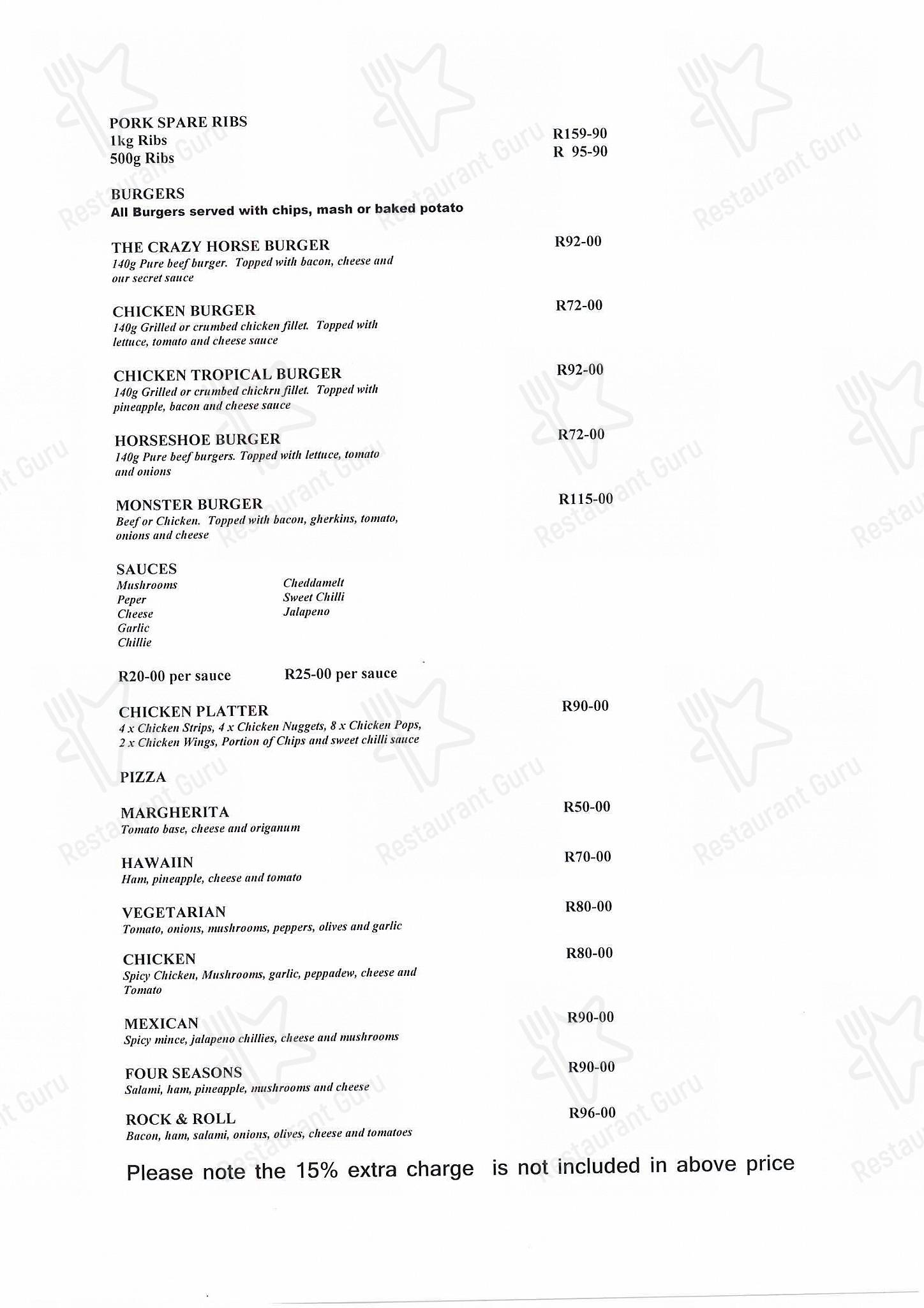 Menu at Horseshoe Inn restaurant, Kimberley