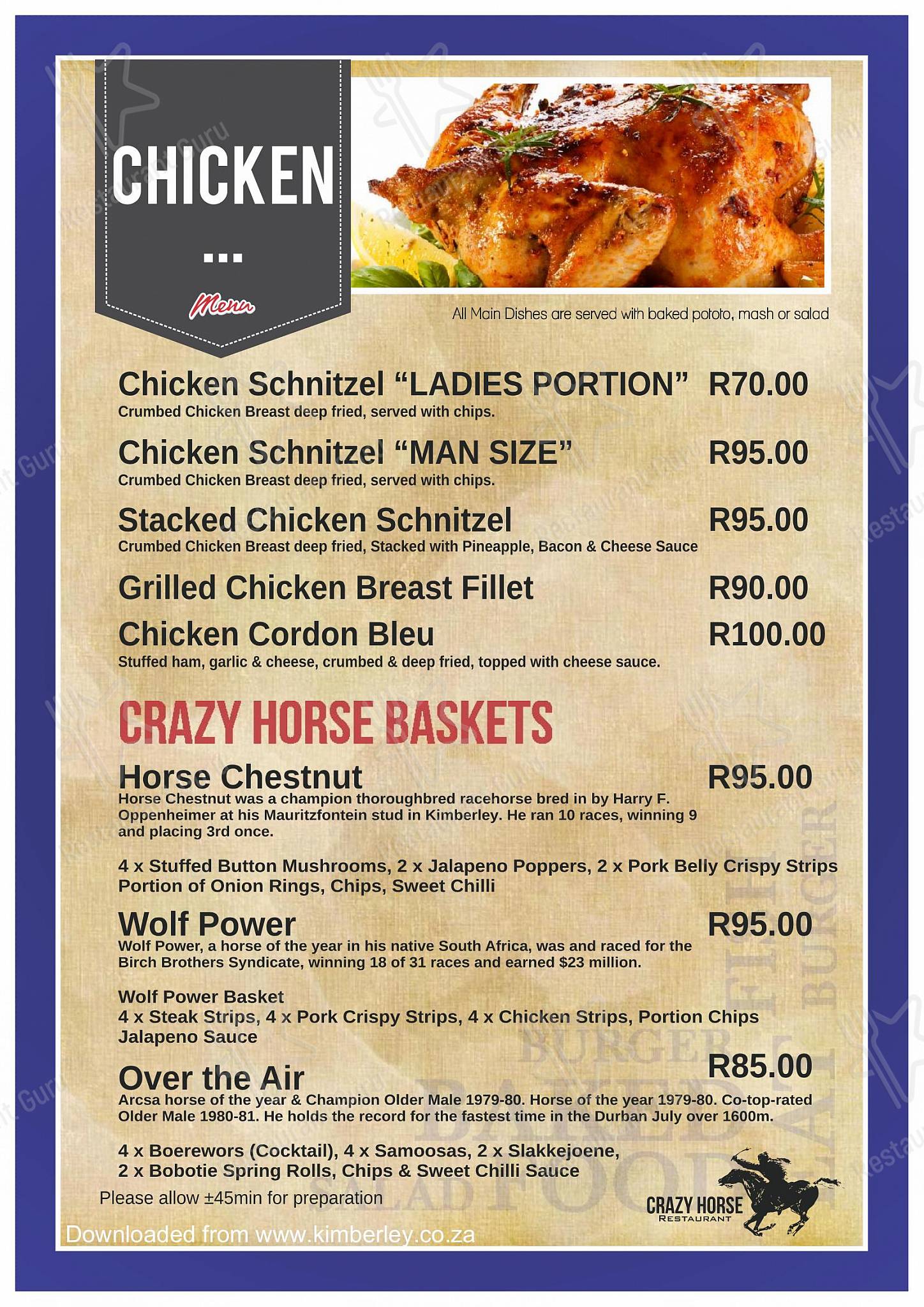 Menu at Horseshoe Inn restaurant, Kimberley