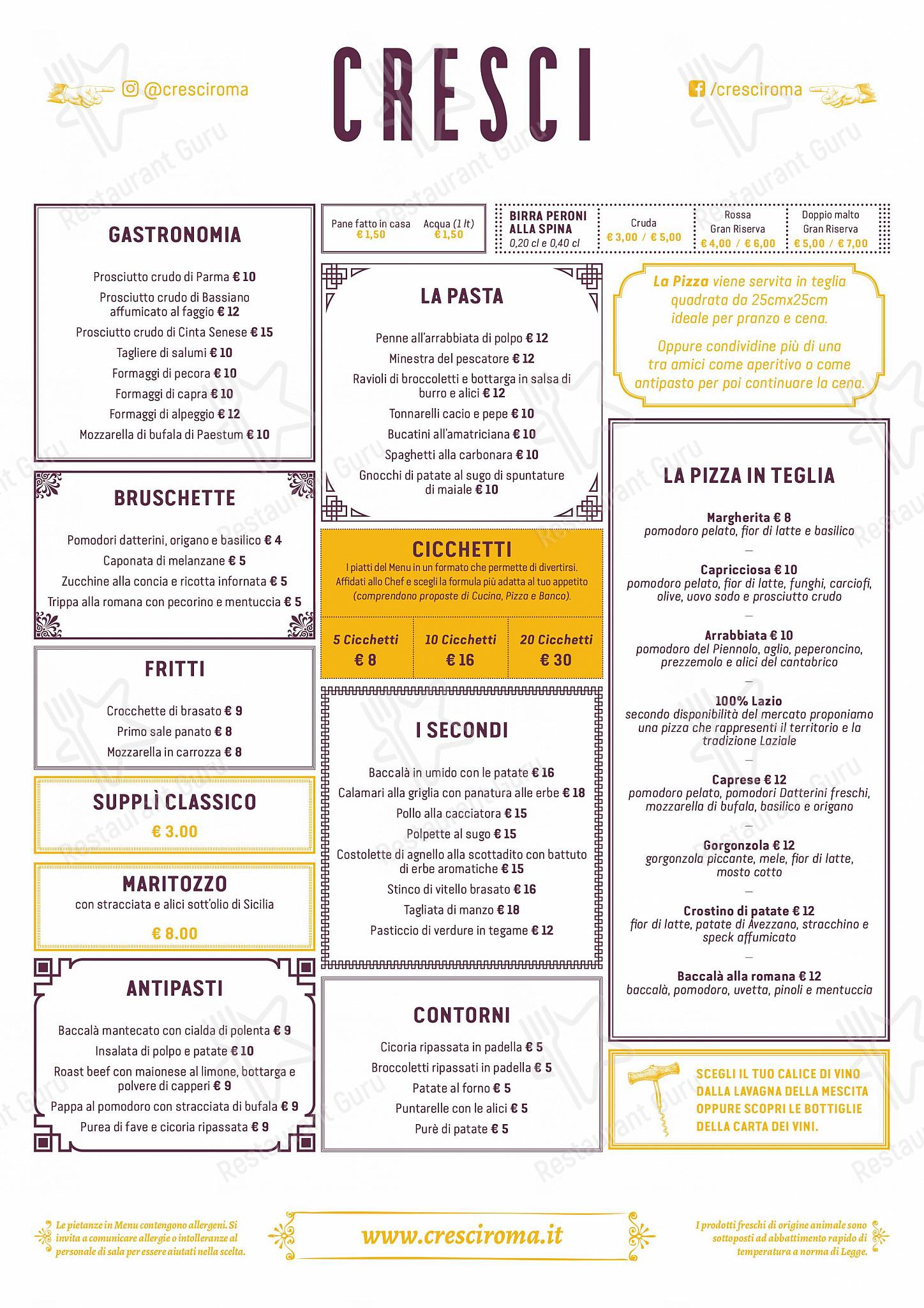 Основное меню per Cresci pub & bar