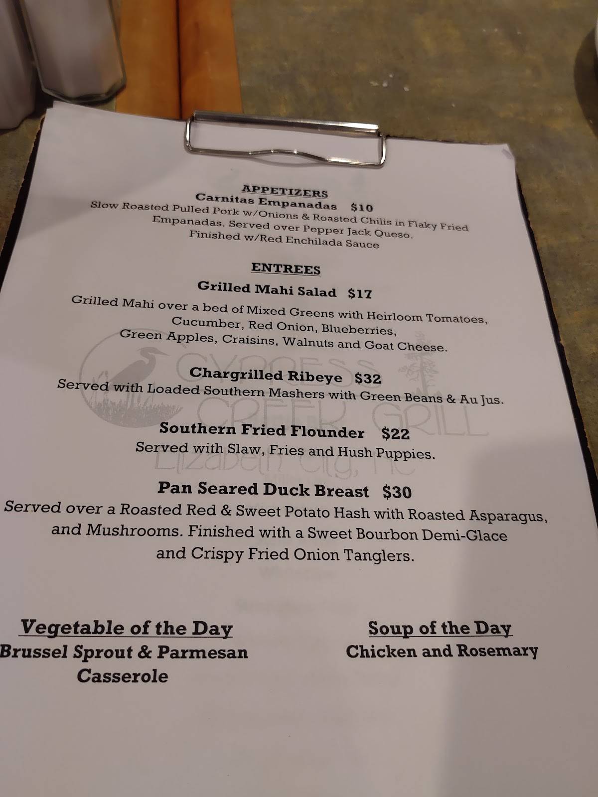 Menu at Cypress Creek Grill restaurant, Elizabeth City