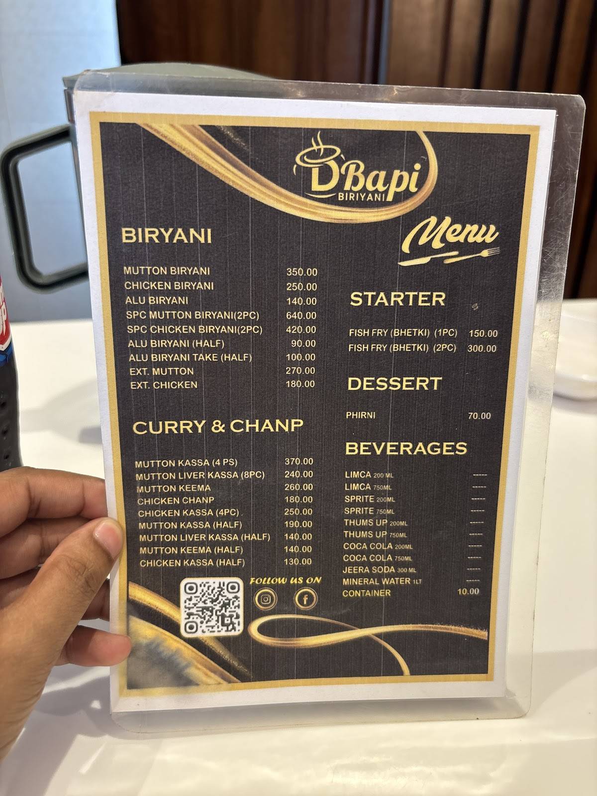 D BAPI BIRIYANI menu