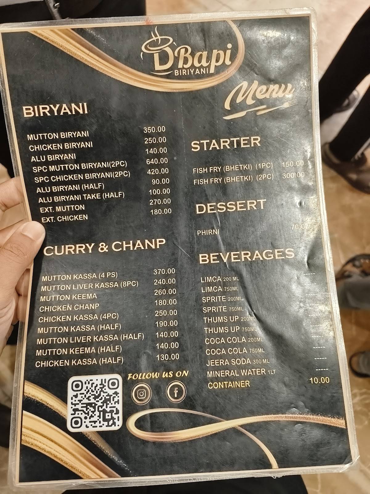 D BAPI BIRIYANI menu
