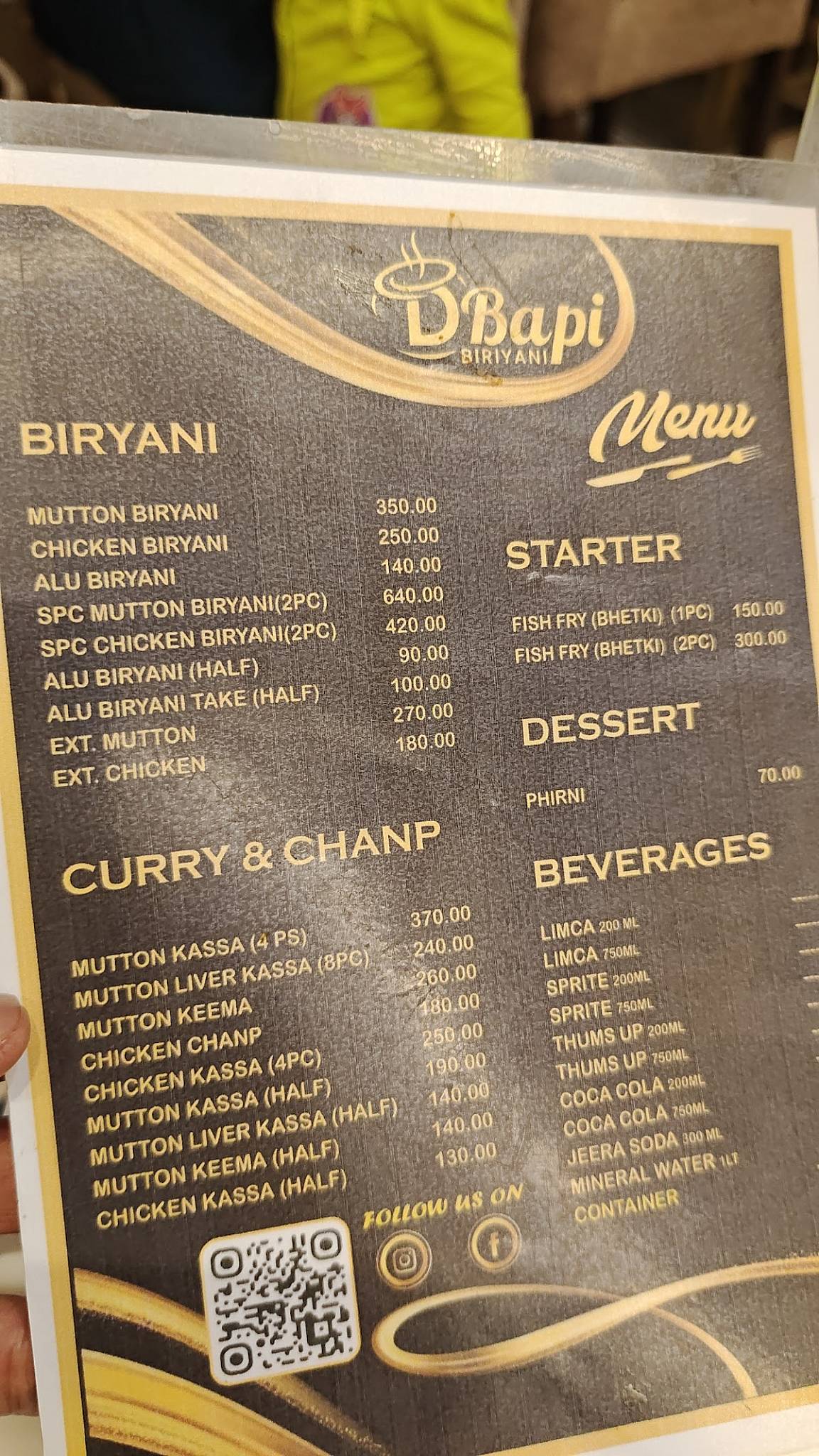D BAPI BIRIYANI menu