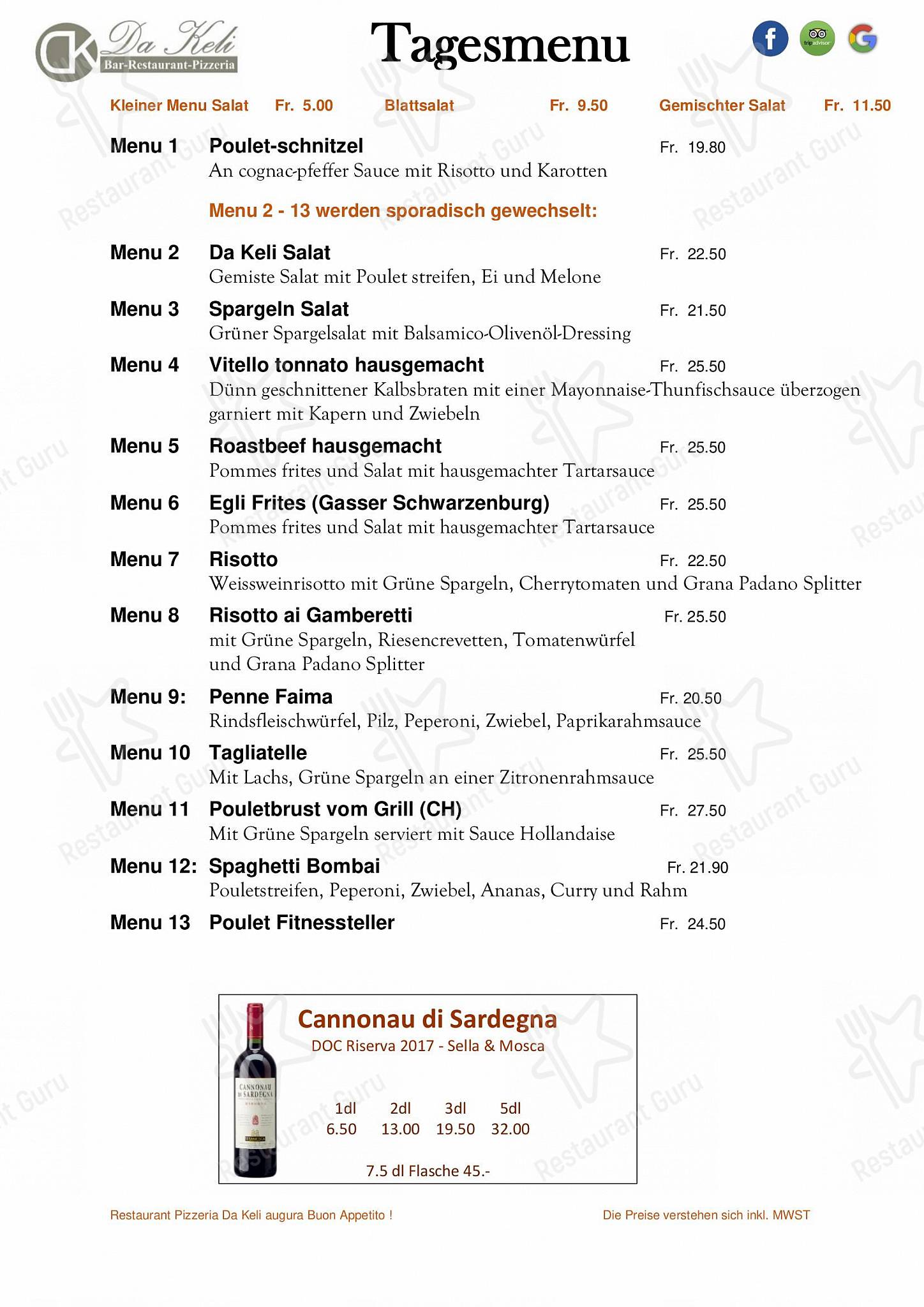 Takeaway Menu per Restaurant Pizzeria da Keli in Berna