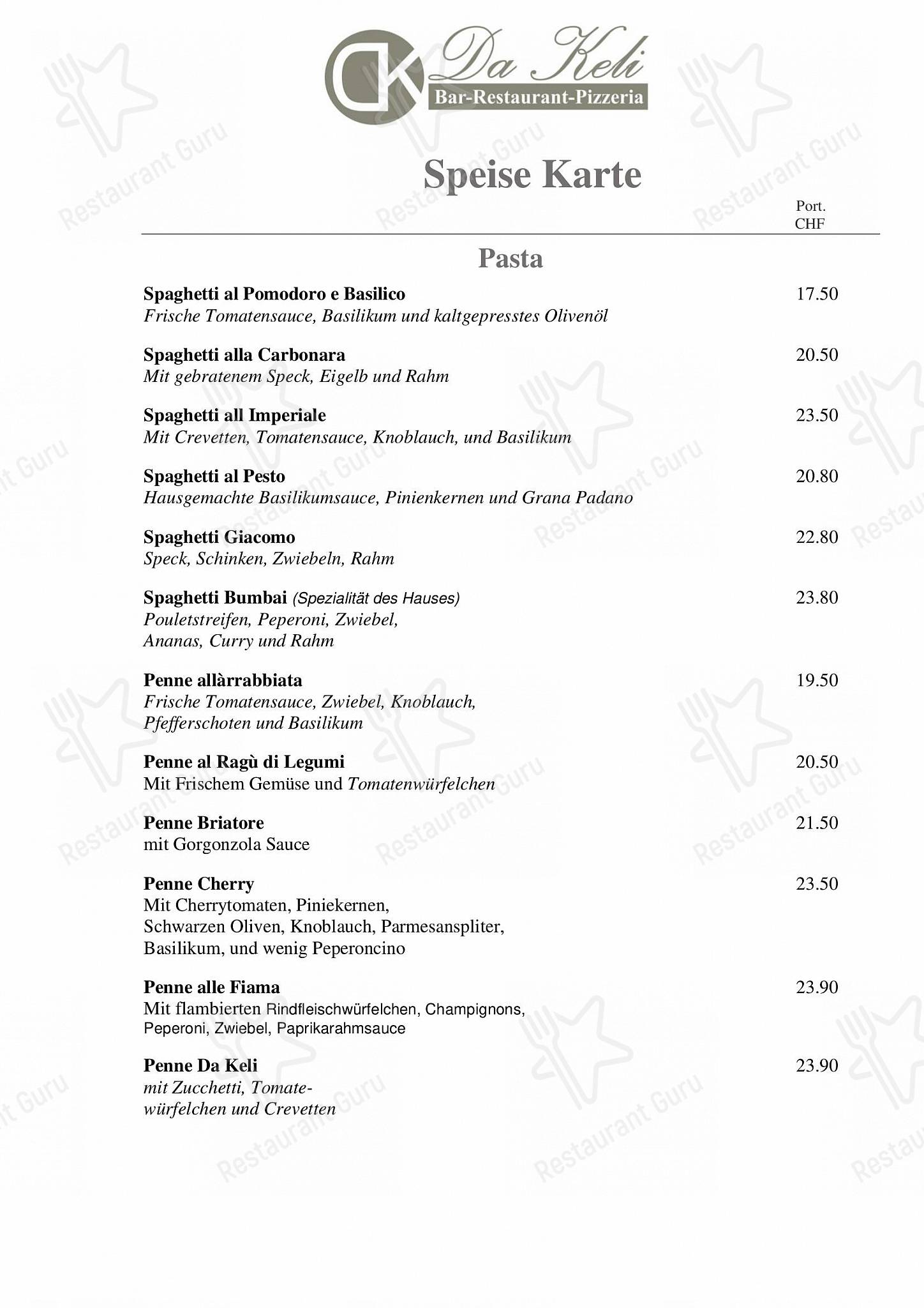 Menu di Restaurant Pizzeria da Keli - Takeaway Menu