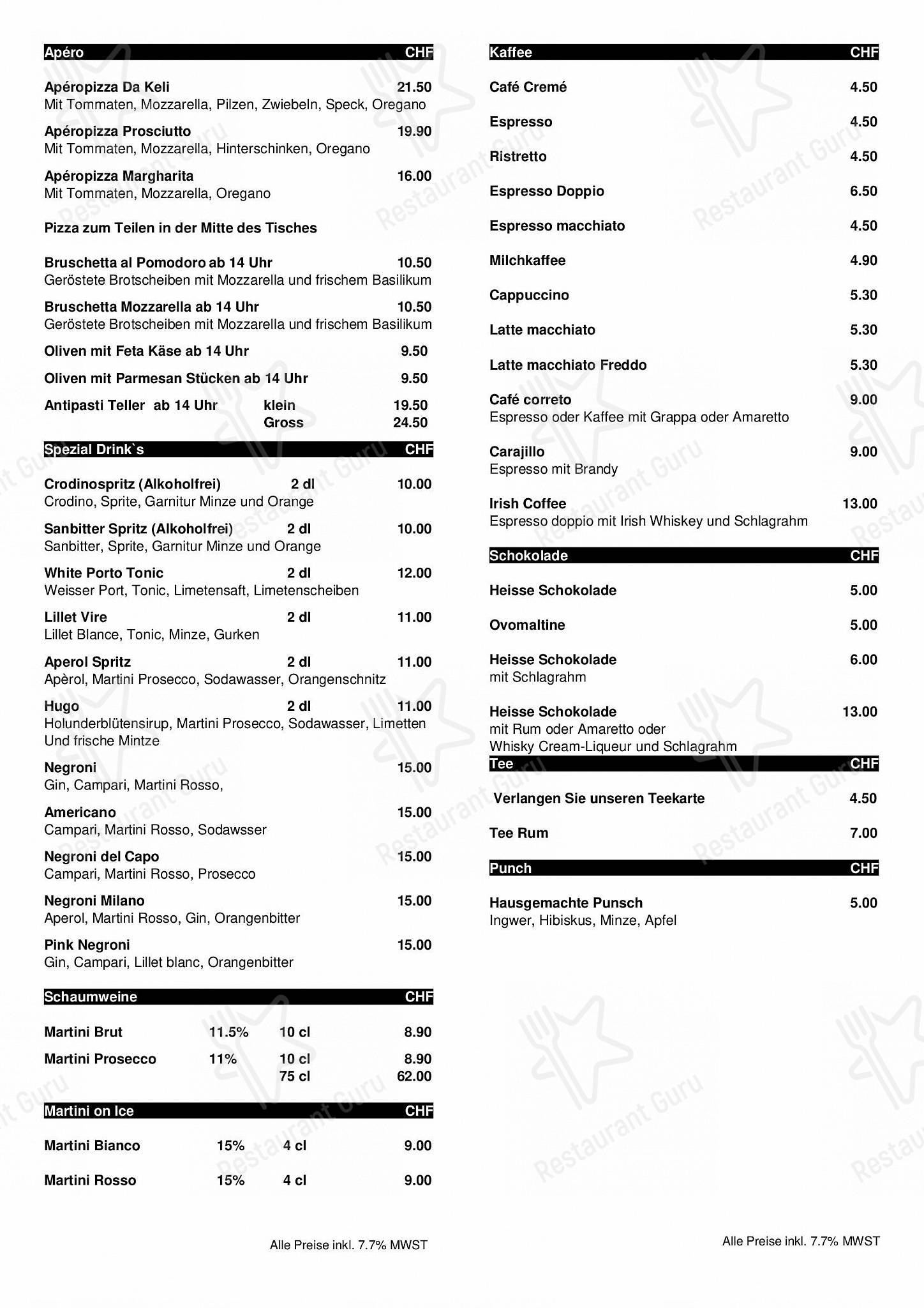 Takeaway Menu per Restaurant Pizzeria da Keli pub & bar