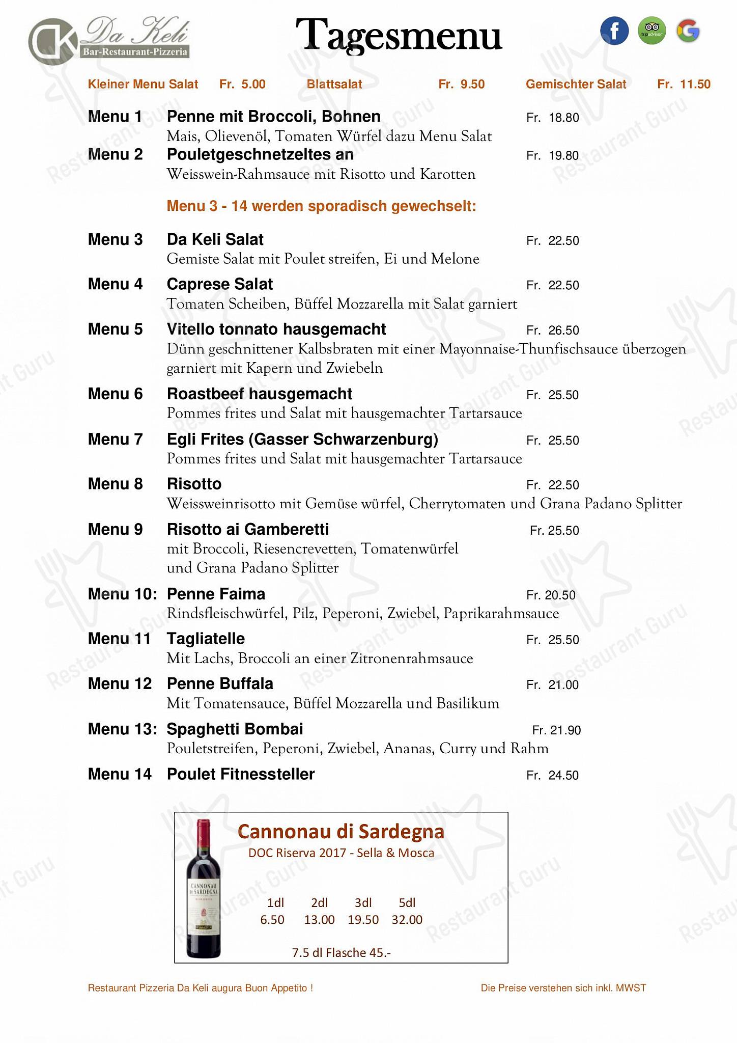 Menu di Restaurant Pizzeria da Keli - Takeaway Menu