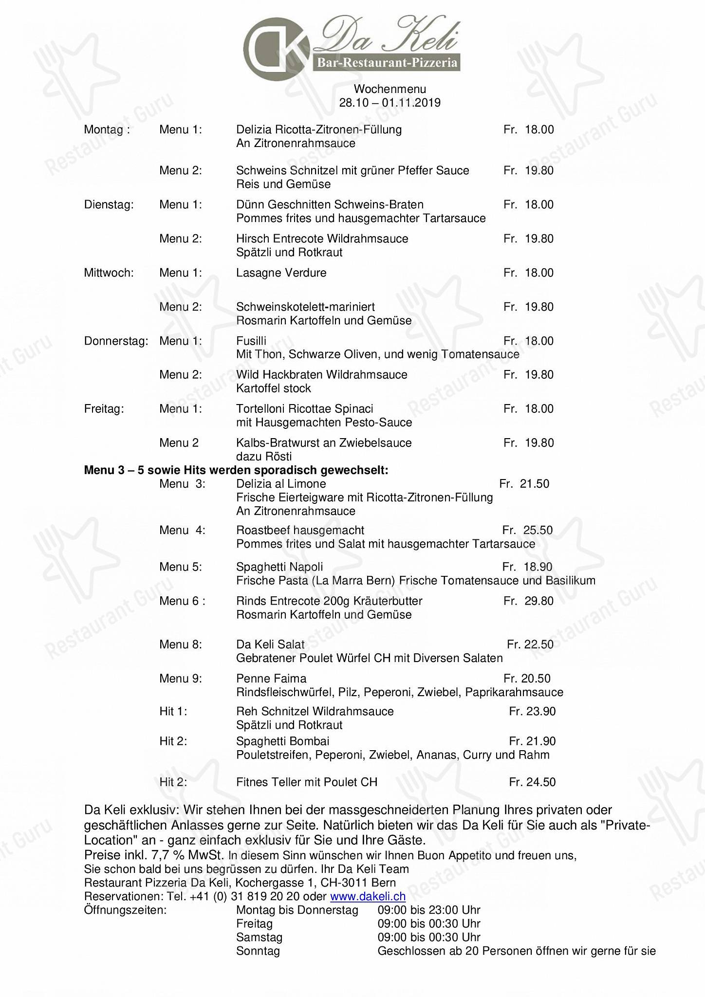 Takeaway Menu per Restaurant Pizzeria da Keli in Berna