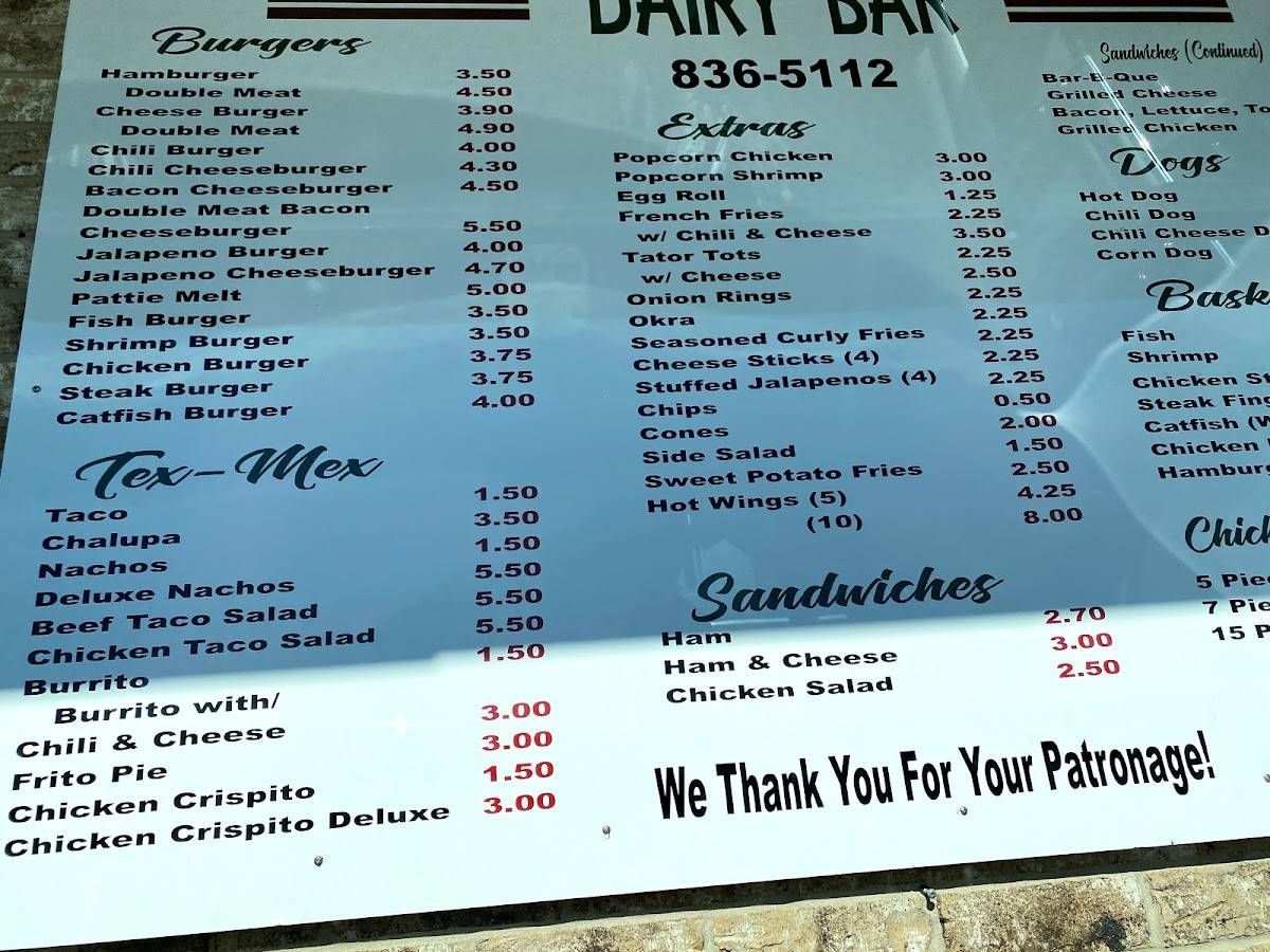 Menu at Dairy Bar, Brenham, S Chappell Hill St