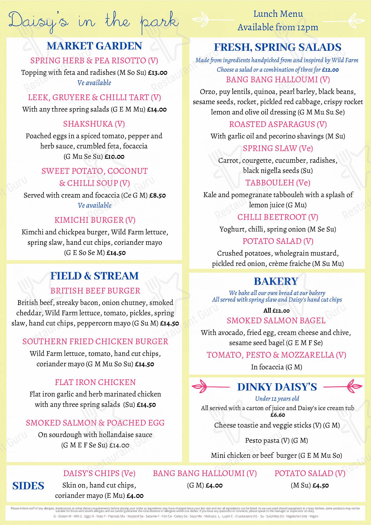 Menu at Daisy's in the Park cafe, Pinner