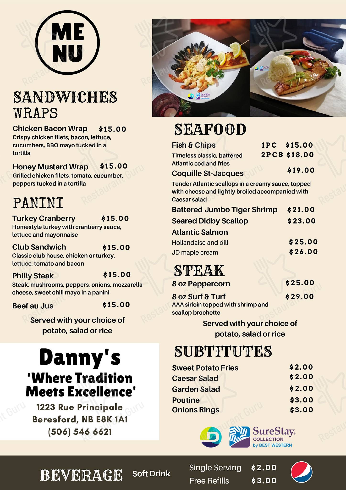 Menu de Danny's Hotel Suites Events Centre