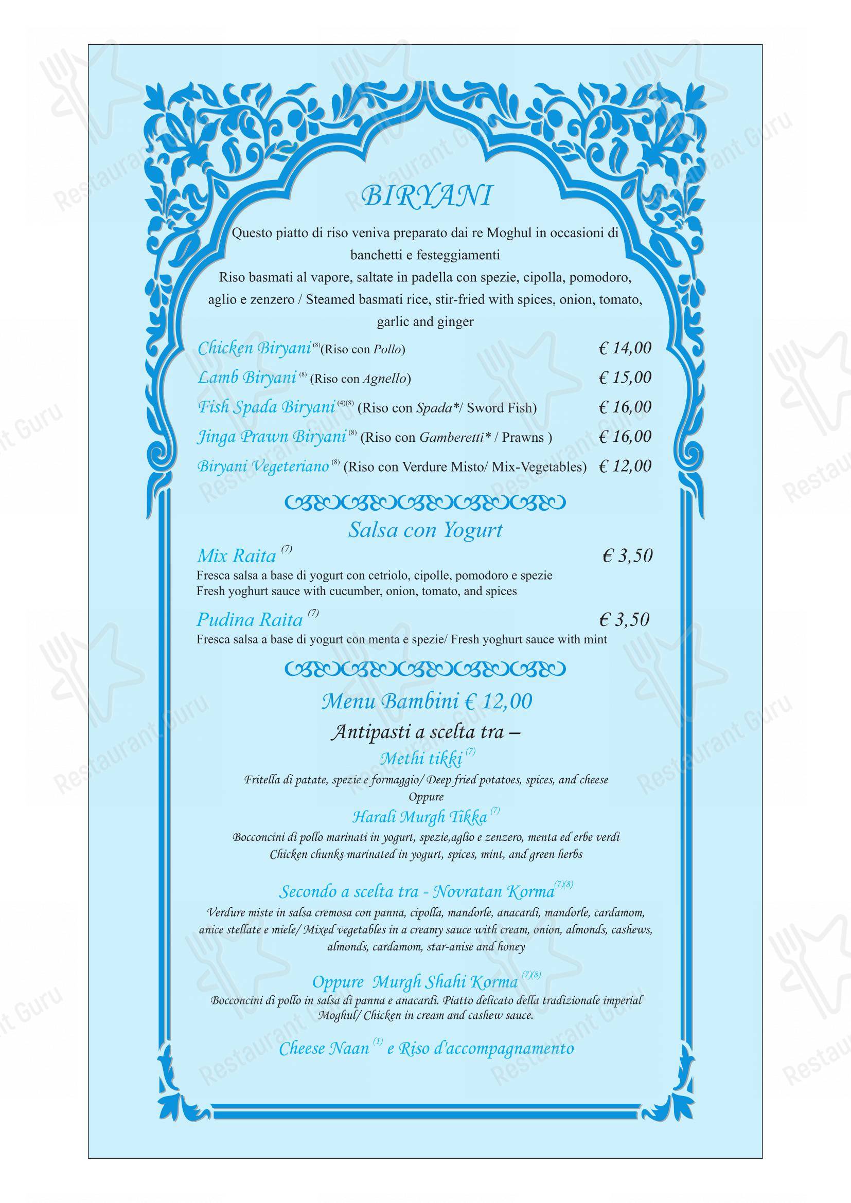 Menu per Ristorante indiano Dawat Torino in Torino