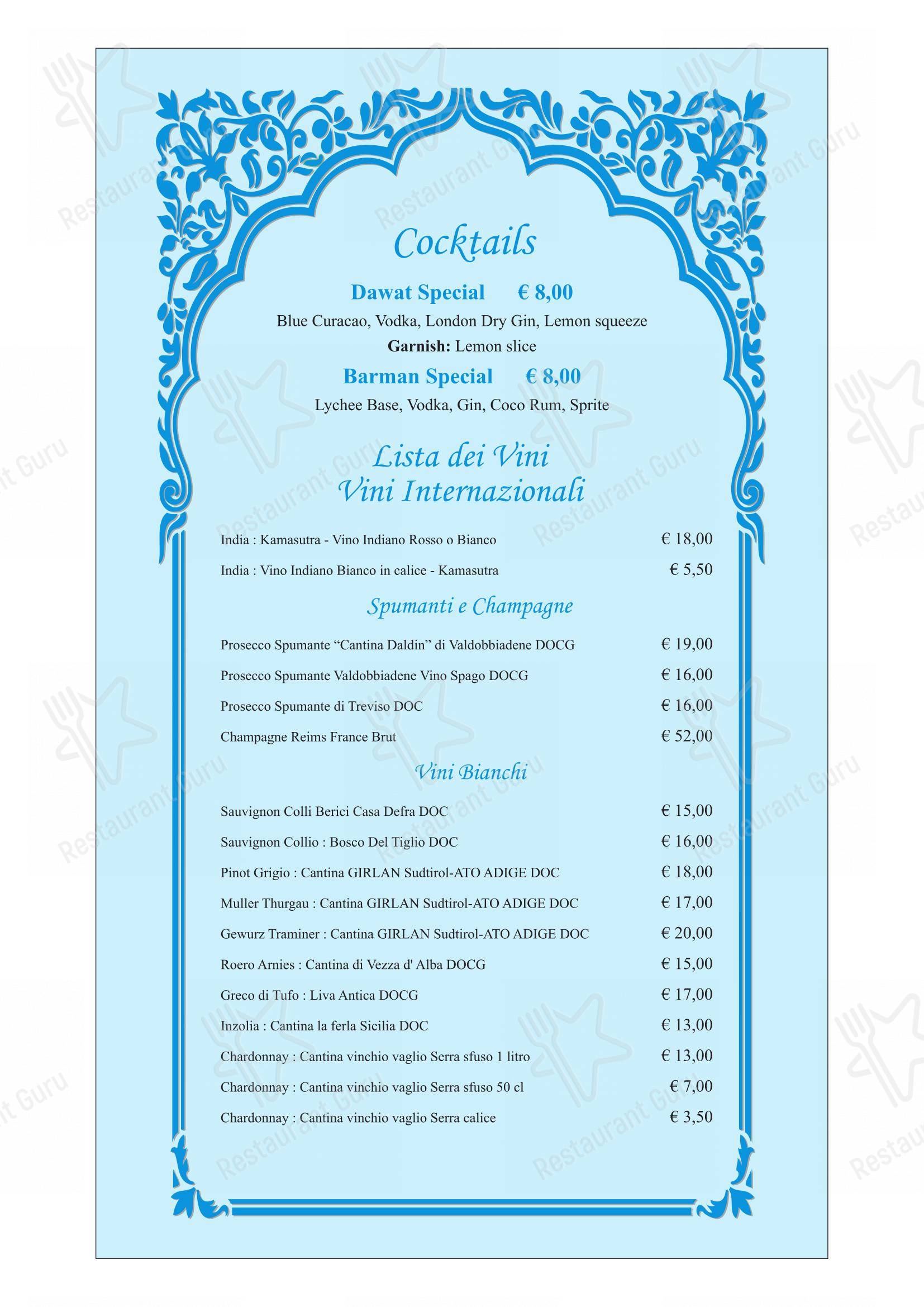 Menu per Ristorante indiano Dawat Torino ristorante