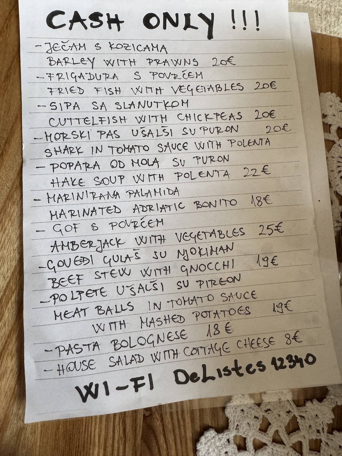 Menu di DeListes restaurant Split 