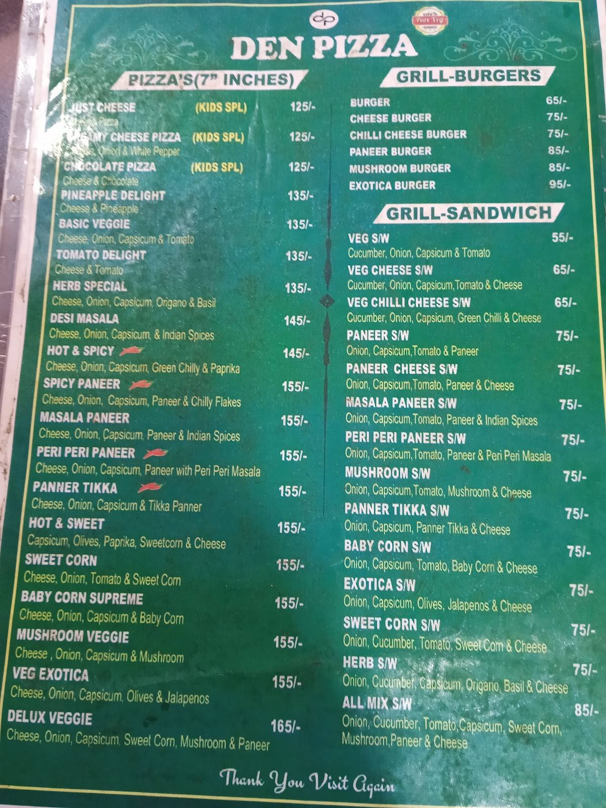 Den Pizza menu